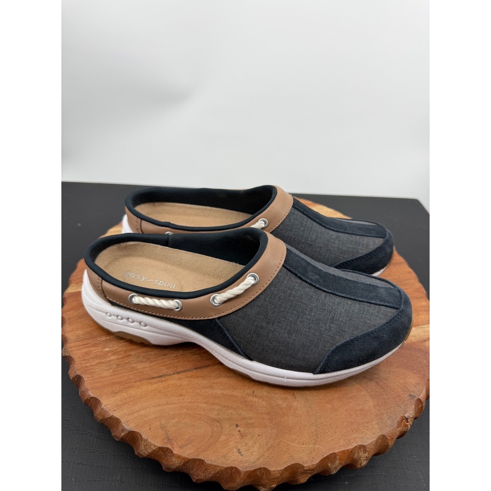 Easy Spirit Travelport19 Clogs Women 8M Navy Blue Tan Nautical Slip On Mules